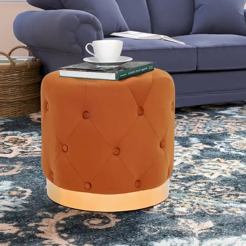 Tabouret de Maquillage Rond en Velours Ottoman avec Base Dorée