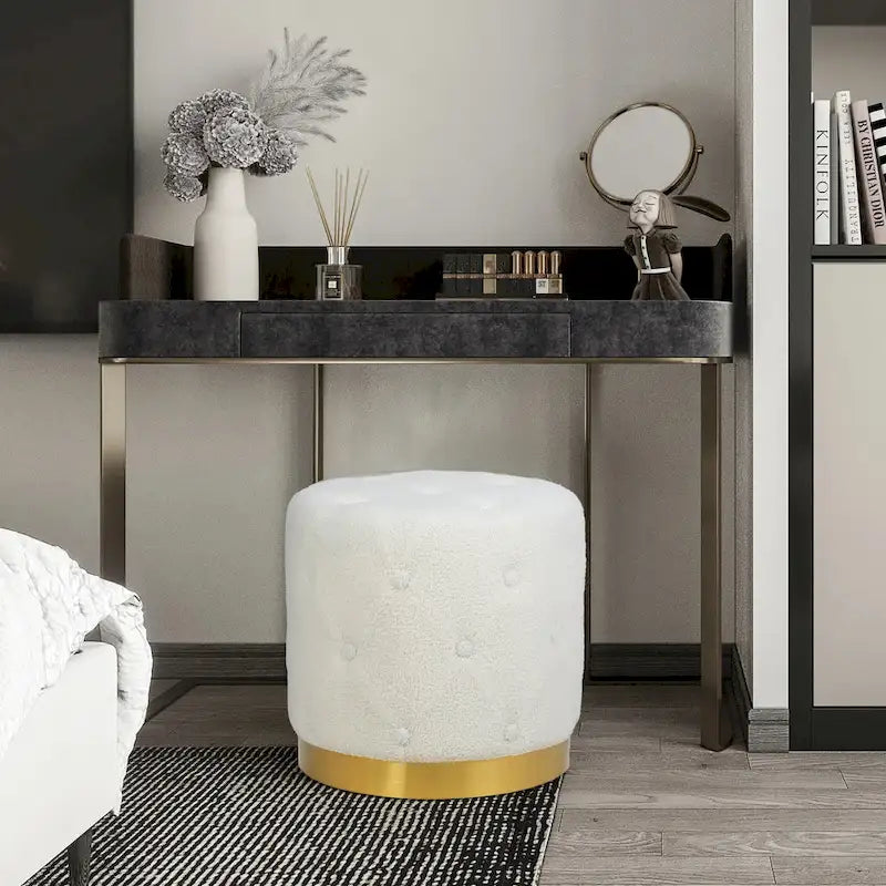 Tabouret de Maquillage Rond en Velours Ottoman avec Base Dorée