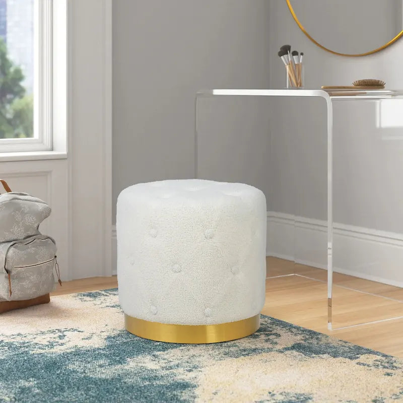 Tabouret de Maquillage Rond en Velours Ottoman avec Base Dorée