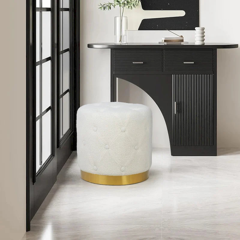 Tabouret de Maquillage Rond en Velours Ottoman avec Base Dorée
