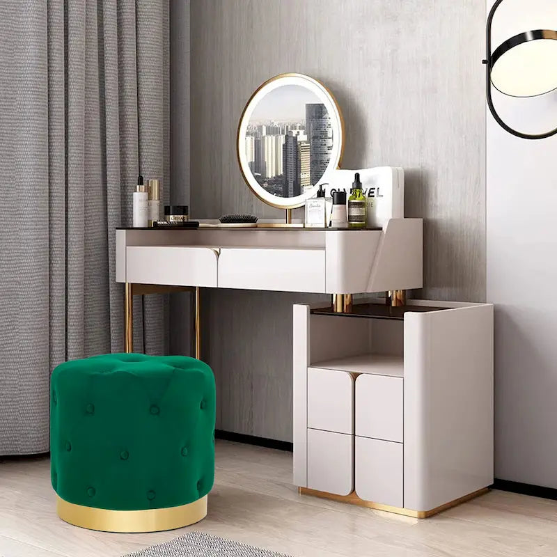 Tabouret de Maquillage Rond en Velours Ottoman avec Base Dorée