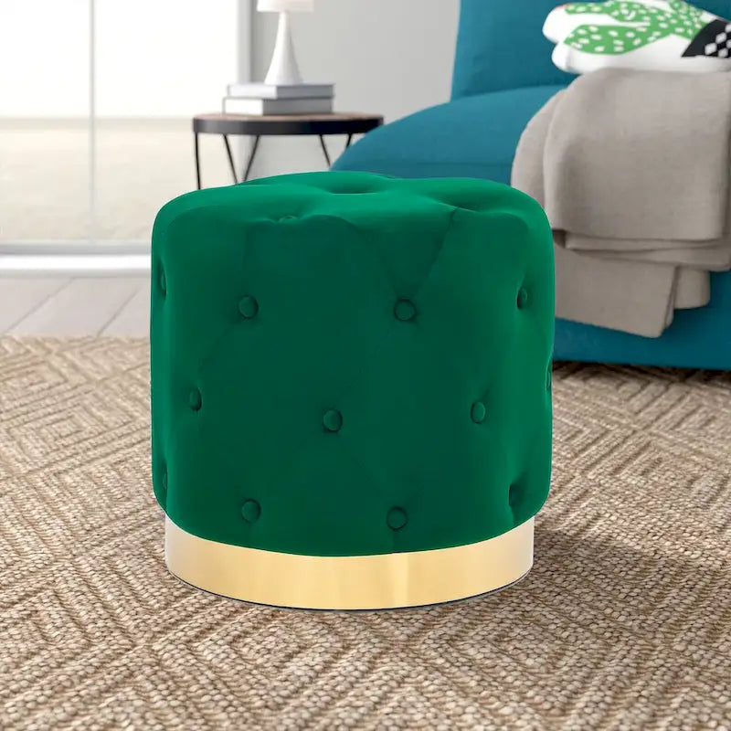 Tabouret de Maquillage Rond en Velours Ottoman avec Base Dorée