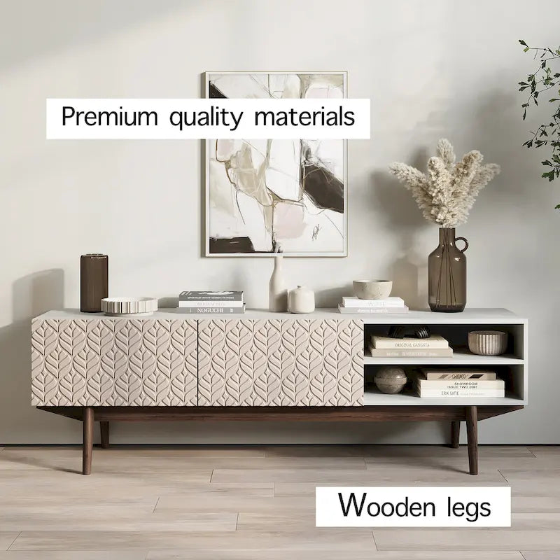 Meuble TV Kelly adapté aux téléviseurs jusqu'à 65 po avec pieds en bois, design scandinave moderne du milieu du siècle