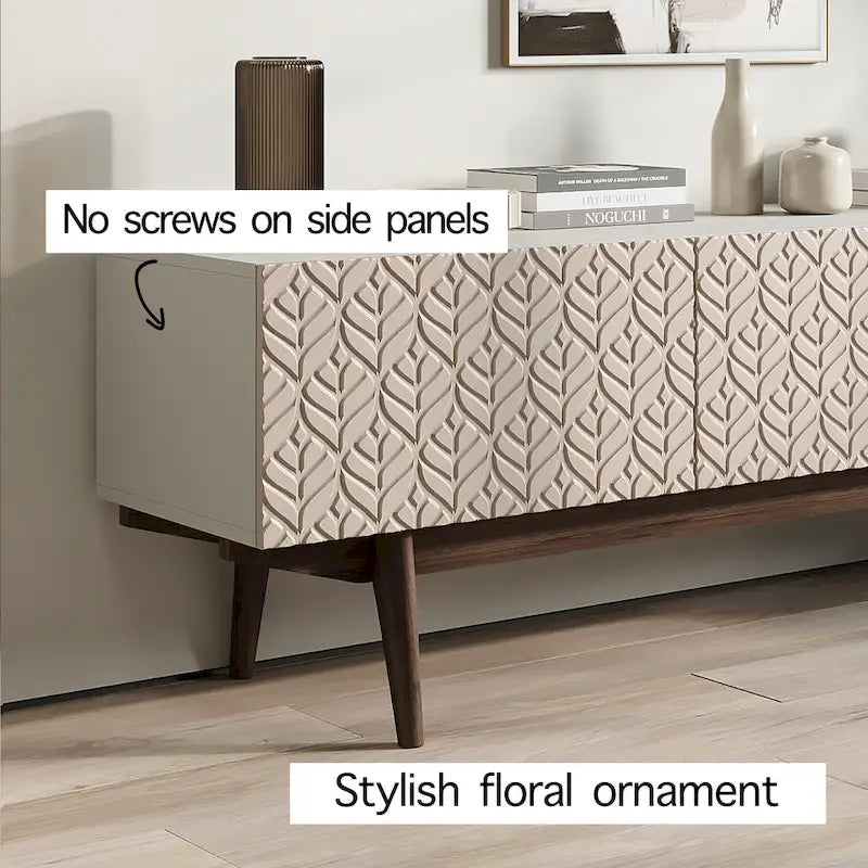 Meuble TV Kelly adapté aux téléviseurs jusqu'à 65 po avec pieds en bois, design scandinave moderne du milieu du siècle