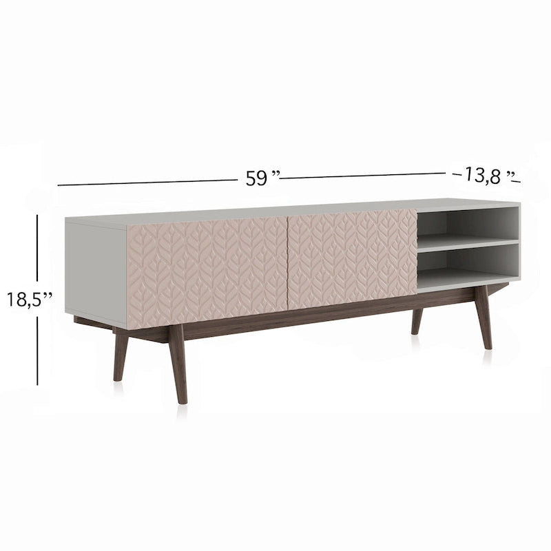 Meuble TV Kelly adapté aux téléviseurs jusqu'à 65 po avec pieds en bois, design scandinave moderne du milieu du siècle