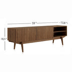 Meuble TV Kelly adapté aux téléviseurs jusqu'à 65 po avec pieds en bois, design scandinave moderne du milieu du siècle