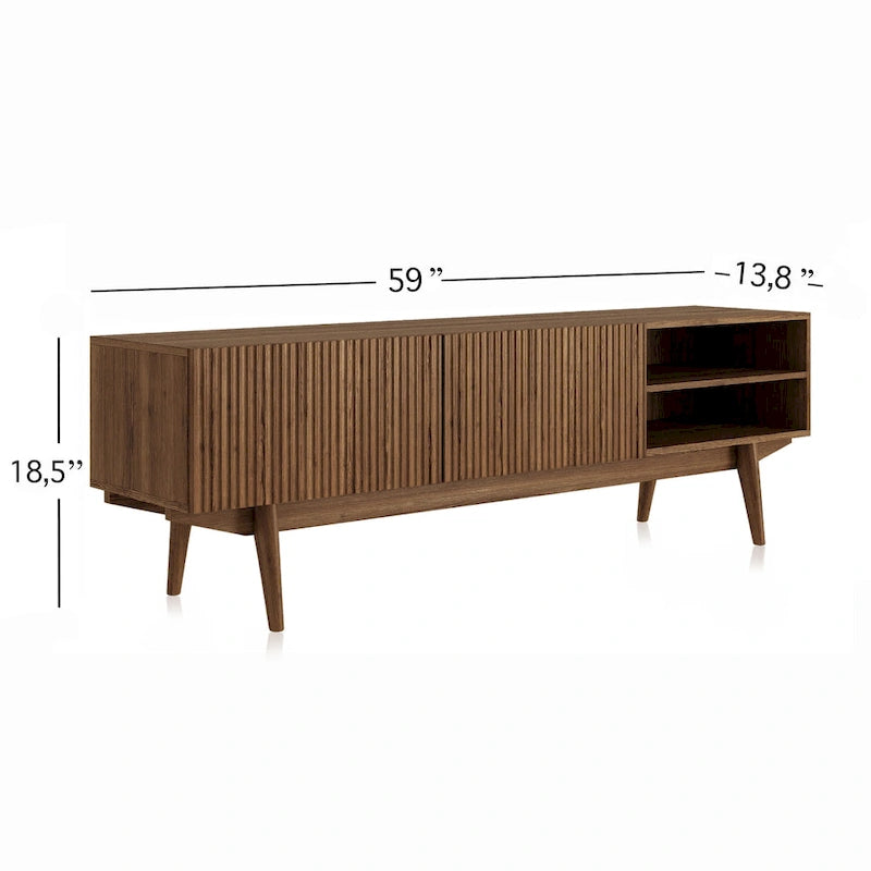 Meuble TV Kelly adapté aux téléviseurs jusqu'à 65 po avec pieds en bois, design scandinave moderne du milieu du siècle