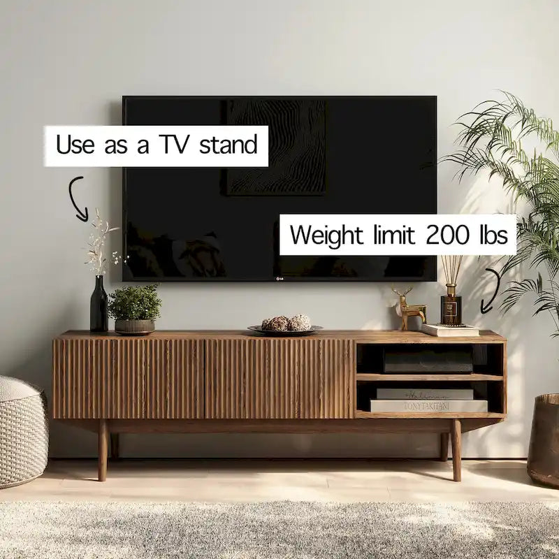 Meuble TV Kelly adapté aux téléviseurs jusqu'à 65 po avec pieds en bois, design scandinave moderne du milieu du siècle