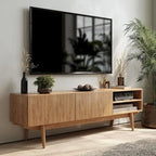 Meuble TV Kelly adapté aux téléviseurs jusqu'à 65 po avec pieds en bois, design scandinave moderne du milieu du siècle