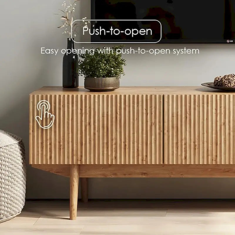 Meuble TV Kelly adapté aux téléviseurs jusqu'à 65 po avec pieds en bois, design scandinave moderne du milieu du siècle