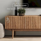 Meuble TV Kelly adapté aux téléviseurs jusqu'à 65 po avec pieds en bois, design scandinave moderne du milieu du siècle