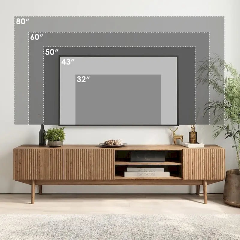 Meuble TV Kelly adapté aux téléviseurs jusqu'à 65 po avec pieds en bois, design scandinave moderne du milieu du siècle
