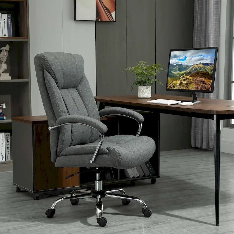 Chaise de bureau pivotante à dossier haut, en tissu de lin ergonomique avec accoudoirs et hauteur réglable