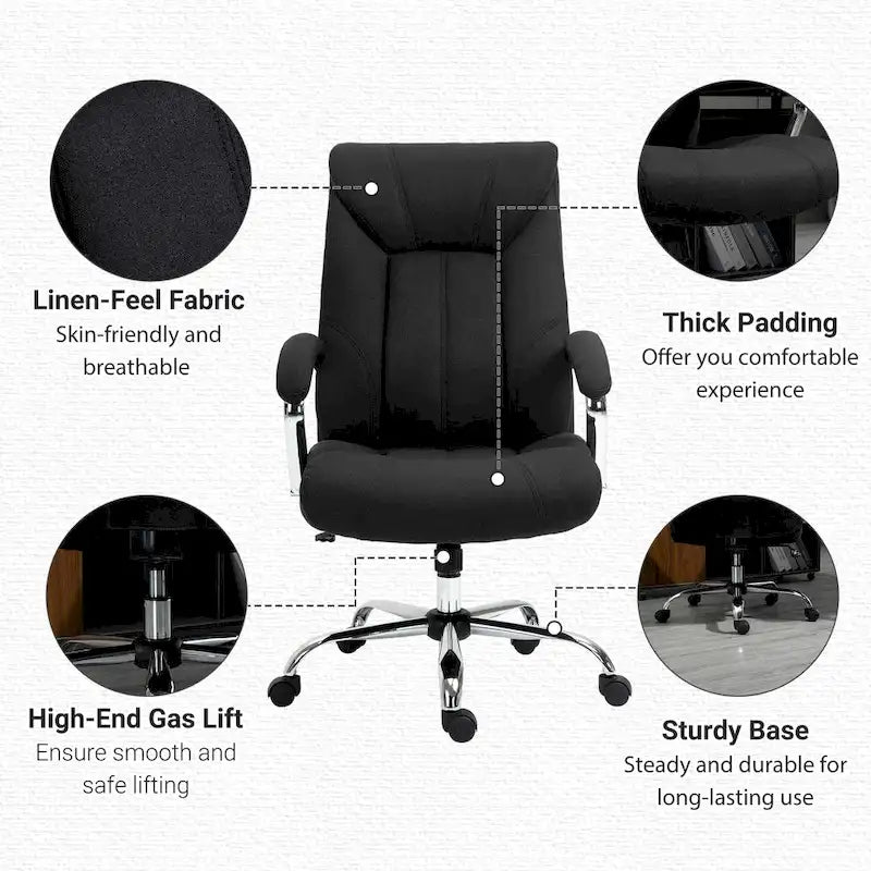 Chaise de bureau pivotante à dossier haut, en tissu de lin ergonomique avec accoudoirs et hauteur réglable