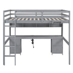 Lit mezzanine grand format avec bureau, armoires, tiroirs et plateau de chevet, station de charge, gris