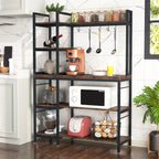 Étagère de boulanger en bois industriel marron avec rangement, support de micro-ondes moderne noir, étagère de rangement utilitaire de cuisine à 5 niveaux