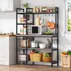 Étagère de boulanger en bois industriel marron avec rangement, support de micro-ondes moderne noir, étagère de rangement utilitaire de cuisine à 5 niveaux