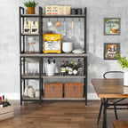 Étagère de boulanger en bois industriel marron avec rangement, support de micro-ondes moderne noir, étagère de rangement utilitaire de cuisine à 5 niveaux