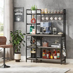 Étagère de boulanger en bois industriel marron avec rangement, support de micro-ondes moderne noir, étagère de rangement utilitaire de cuisine à 5 niveaux