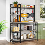 Étagère de boulanger en bois industriel marron avec rangement, support de micro-ondes moderne noir, étagère de rangement utilitaire de cuisine à 5 niveaux