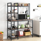 Étagère de boulanger en bois industriel marron avec rangement, support de micro-ondes moderne noir, étagère de rangement utilitaire de cuisine à 5 niveaux