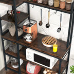 Étagère de boulanger en bois industriel marron avec rangement, support de micro-ondes moderne noir, étagère de rangement utilitaire de cuisine à 5 niveaux