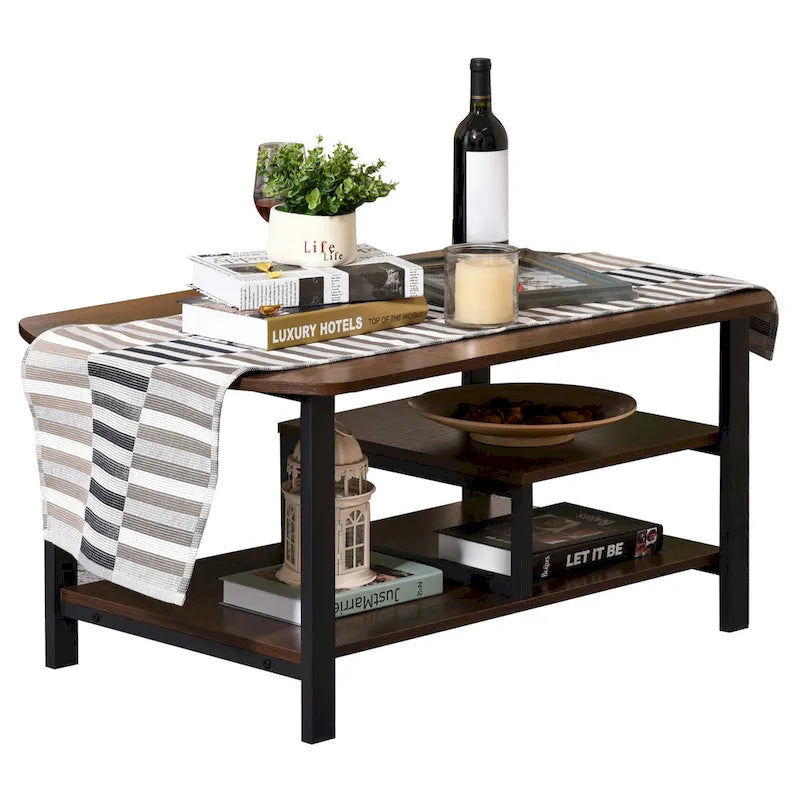Table basse industrielle vintage avec étagères de rangement sous le plateau, bois foncé