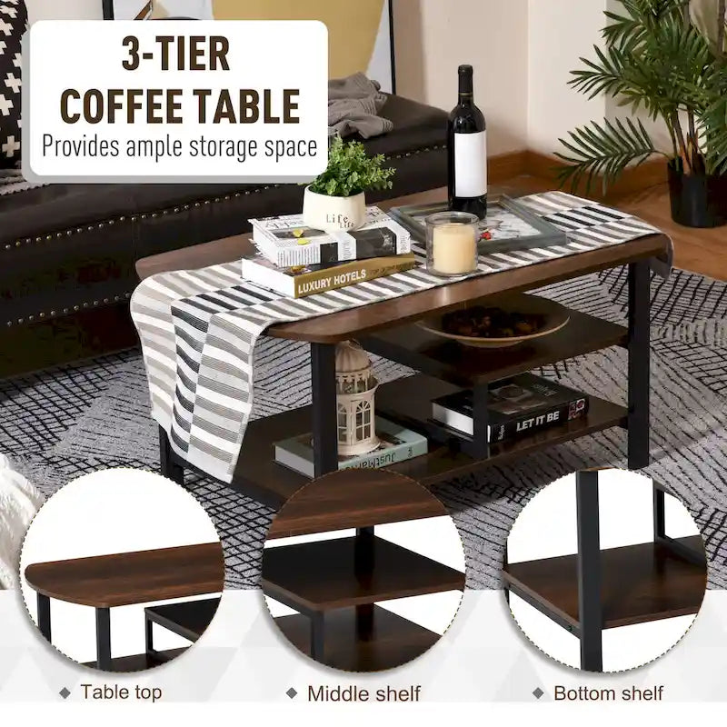 Table basse industrielle vintage avec étagères de rangement sous le plateau, bois foncé