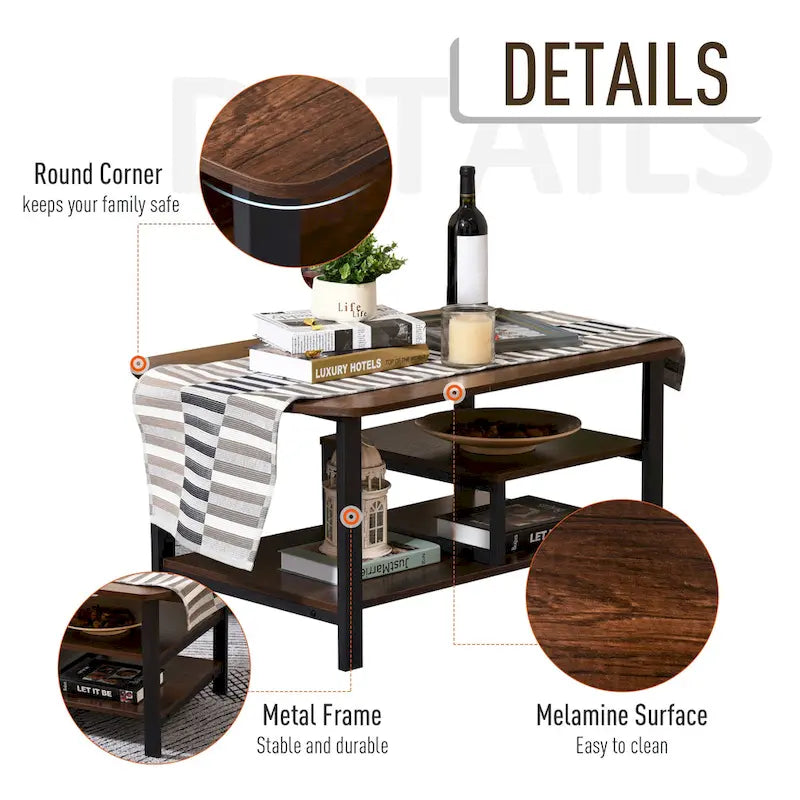 Table basse industrielle vintage avec étagères de rangement sous le plateau, bois foncé