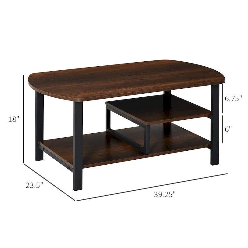 Table basse industrielle vintage avec étagères de rangement sous le plateau, bois foncé