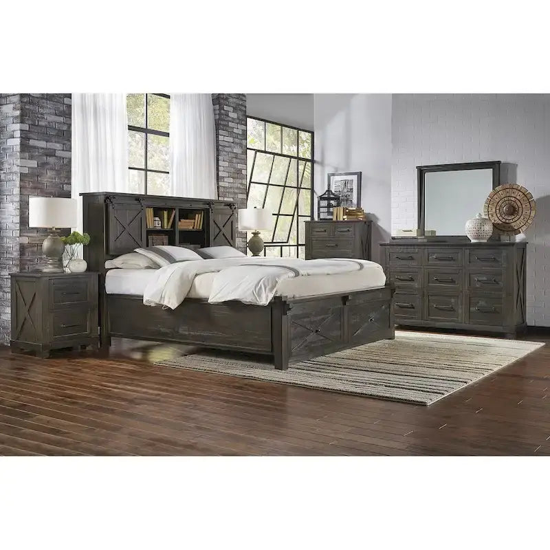 Collection de chambre à coucher 4 pièces Sharla en bois massif avec rangement
