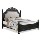 Lit Berry King Size, tête de lit à volutes, revêtement en tissu crème, bois noir