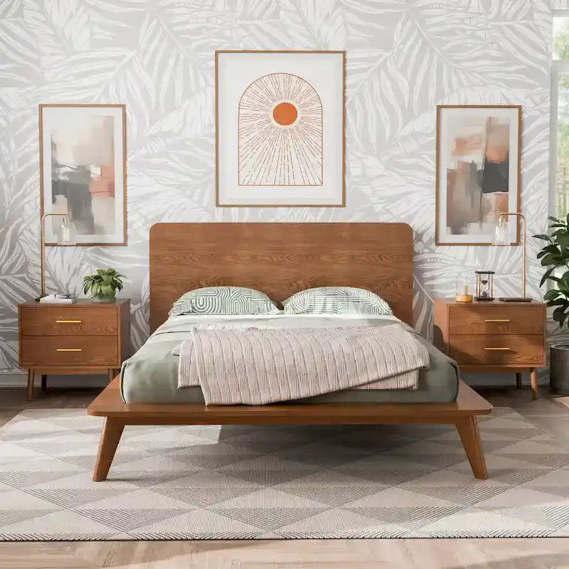 Beau lit plateforme en bois bas de style mid-century