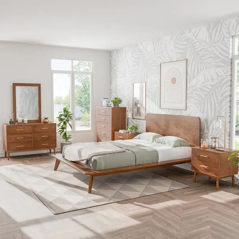 Beau lit plateforme en bois bas de style mid-century