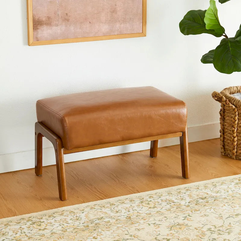 Tabouret d'appoint en similicuir 24,5 W avec pieds en hévéa noyer