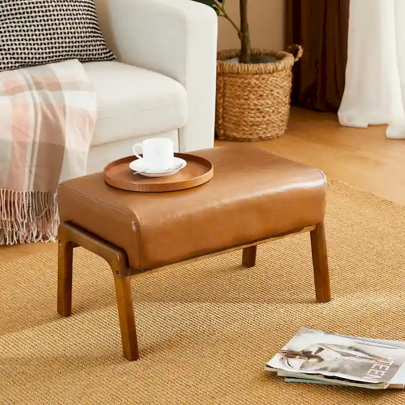 Tabouret d'appoint en similicuir 24,5 W avec pieds en hévéa noyer