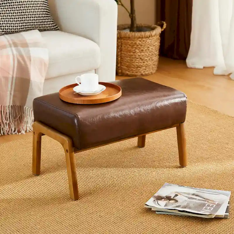 Tabouret d'appoint en similicuir 24,5 W avec pieds en hévéa noyer