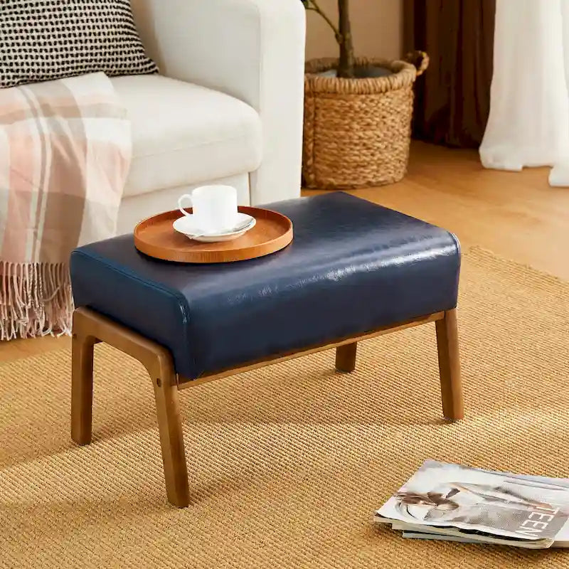 Tabouret d'appoint en similicuir 24,5 W avec pieds en hévéa noyer