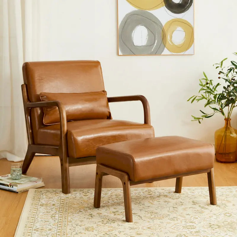 Tabouret d'appoint en similicuir 24,5 W avec pieds en hévéa noyer