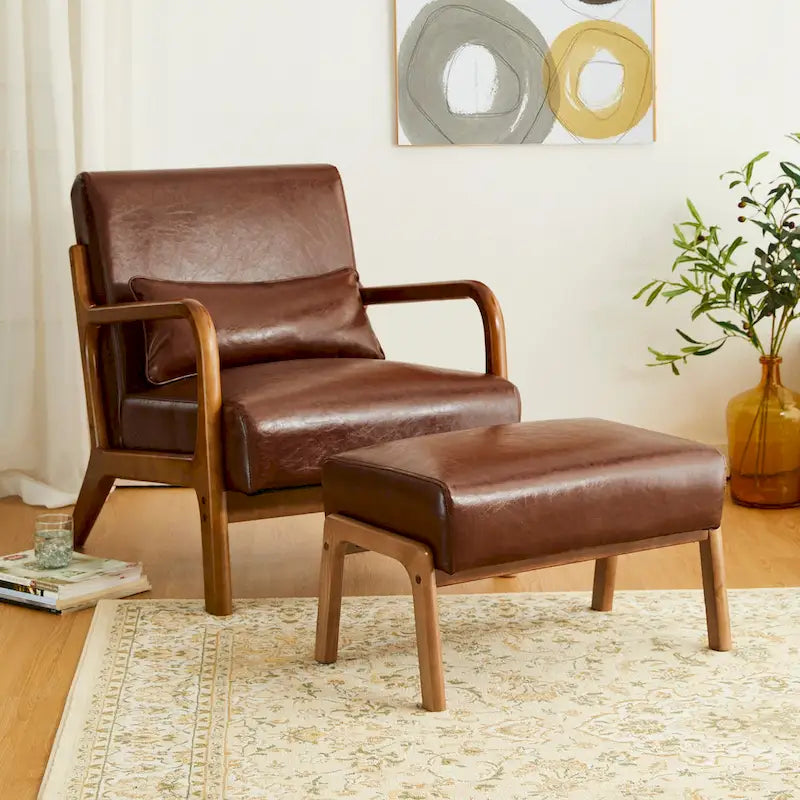 Tabouret d'appoint en similicuir 24,5 W avec pieds en hévéa noyer