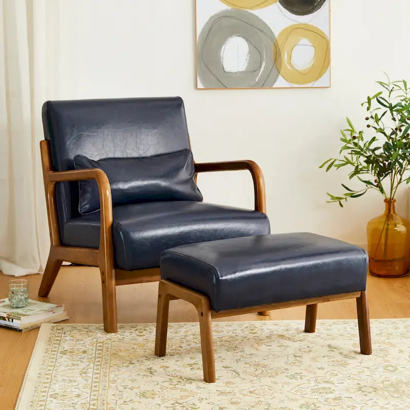 Tabouret d'appoint en similicuir 24,5 W avec pieds en hévéa noyer
