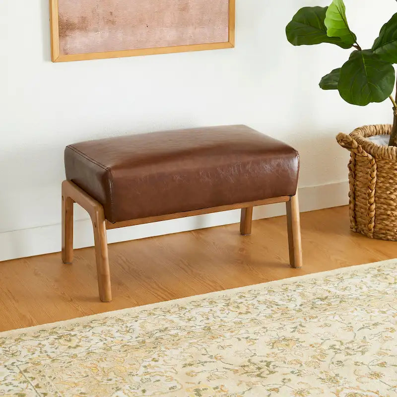 Tabouret d'appoint en similicuir 24,5 W avec pieds en hévéa noyer