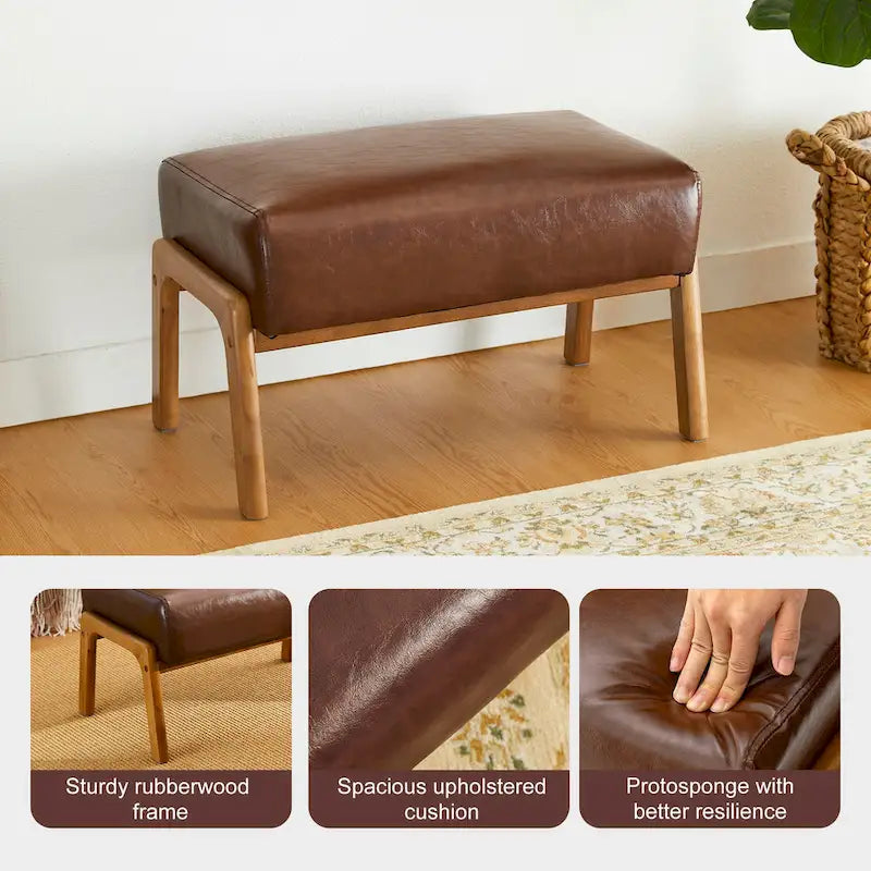 Tabouret d'appoint en similicuir 24,5 W avec pieds en hévéa noyer