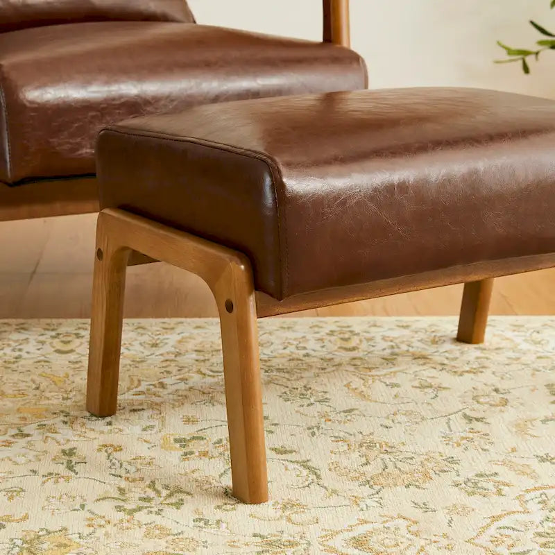 Tabouret d'appoint en similicuir 24,5 W avec pieds en hévéa noyer