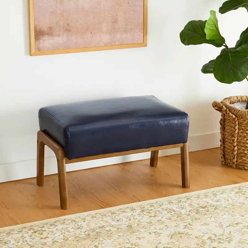 Tabouret d'appoint en similicuir 24,5 W avec pieds en hévéa noyer