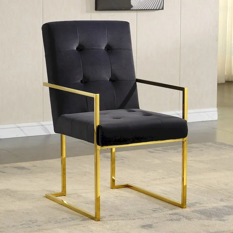Chaise de salle à manger moderne en velours avec accoudoirs, lot de 1, design capitonné et base en acier inoxydable doré