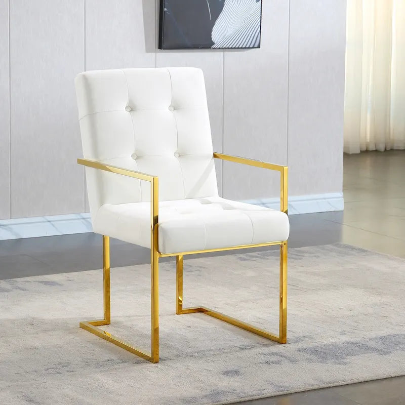 Chaise de salle à manger moderne en velours avec accoudoirs, lot de 1, design capitonné et base en acier inoxydable doré