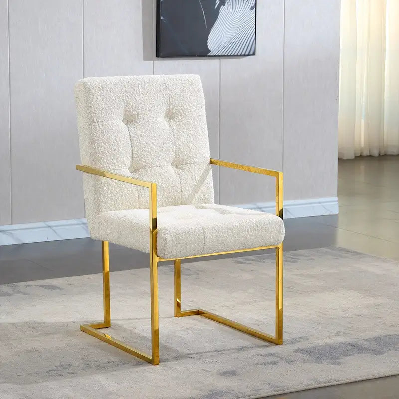 Chaise de salle à manger moderne en velours avec accoudoirs, lot de 1, design capitonné et base en acier inoxydable doré