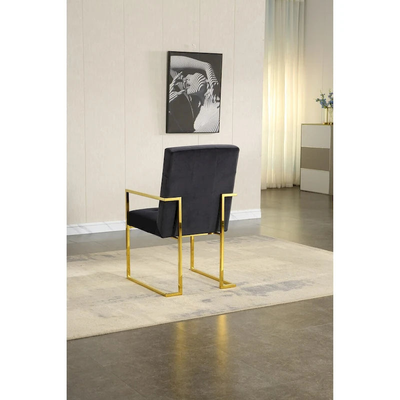 Chaise de salle à manger moderne en velours avec accoudoirs, lot de 1, design capitonné et base en acier inoxydable doré