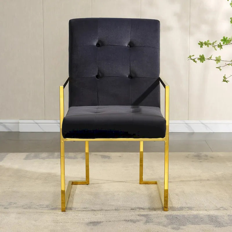 Chaise de salle à manger moderne en velours avec accoudoirs, lot de 1, design capitonné et base en acier inoxydable doré